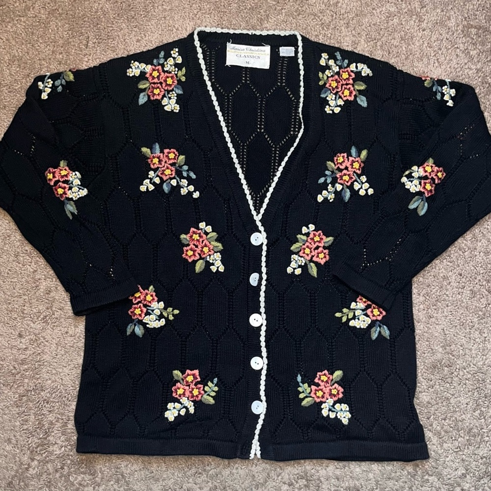 Marisa‎ Christina Floral Embroidered Knit Cardigan Black Cottagecore Vintage M - Picture 11 of 12